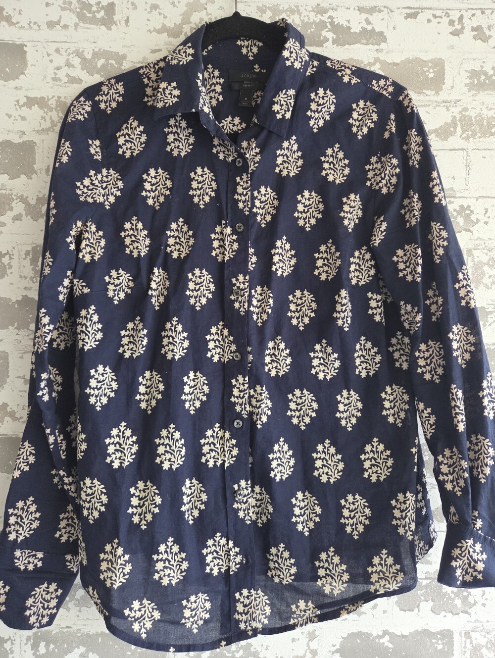 J. Crew "Perfect Shirt" in Indigo Block Print Cotton - Size 6